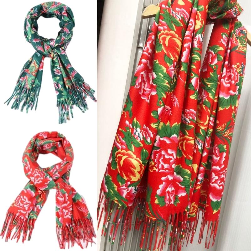 Winter Warm Ethnic Tassels Scarf for Women Northeast Big Flower Scarves Outdoor Activity Shawl Scarf Fashion Accessories
