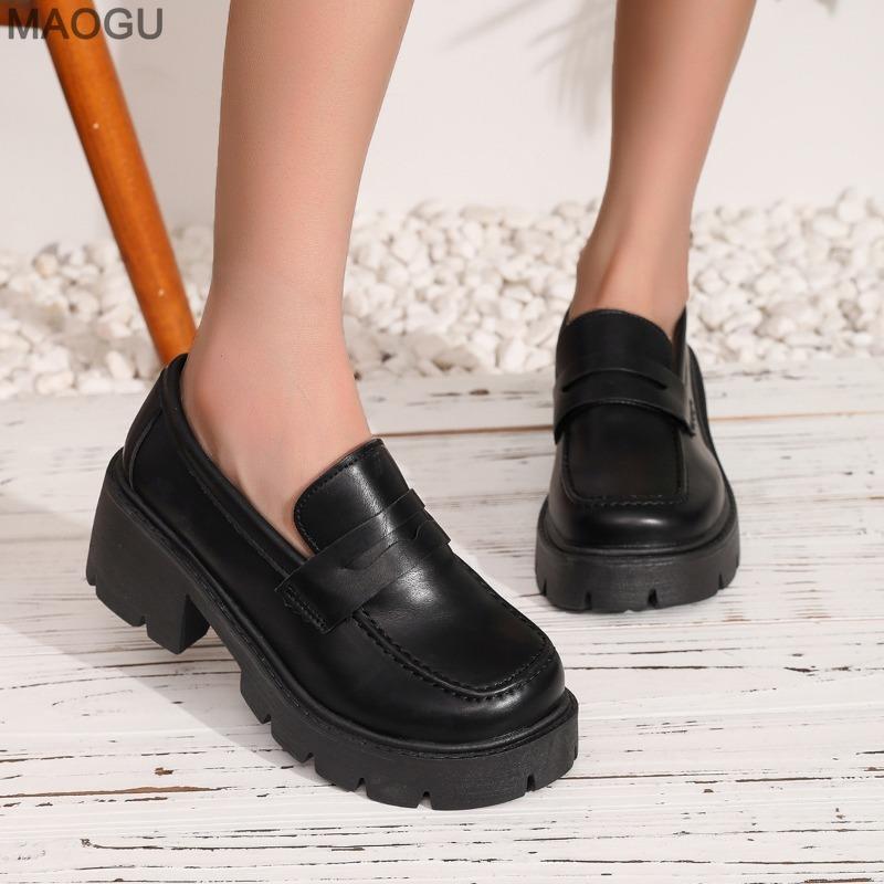 Plus Size British Style Loafers Women's Autumn Chunky Heel Slip on Low Top Shoes Office Casual Shoes Comfortable Walking Pumps