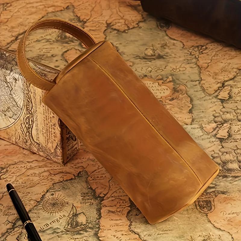 Vintage Leather Pen Box, Simple Large Capacity, Creative Double Layer, Zipper Storage Bag, with Back to School Gift