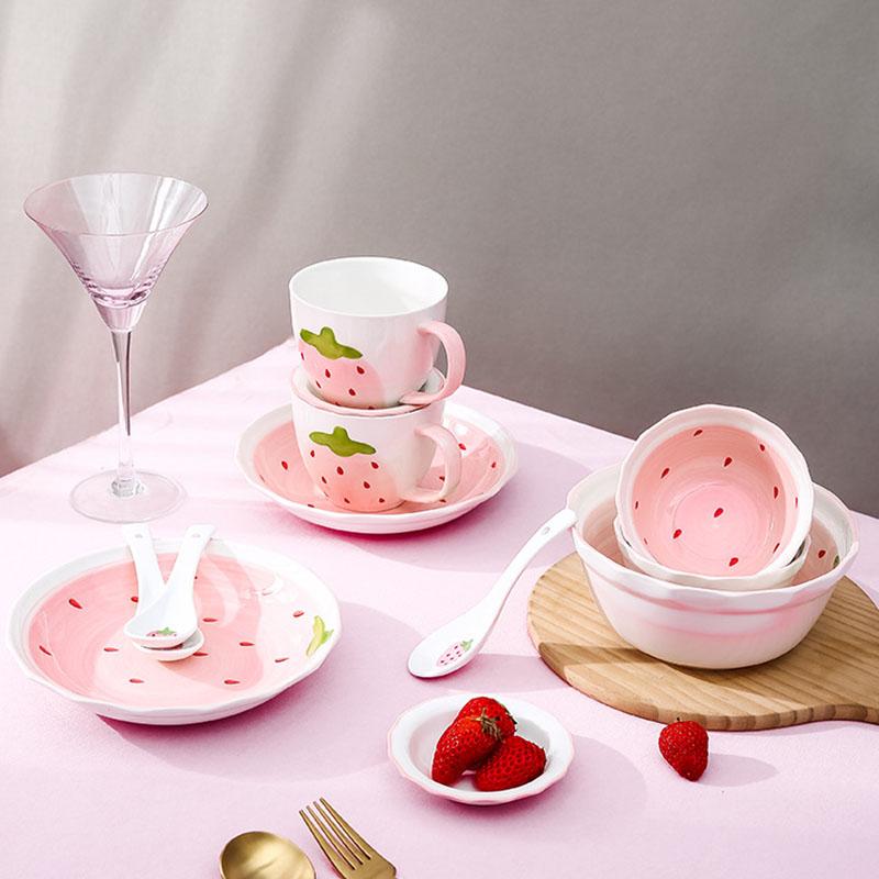 Pink Strawberry Plate Rectangular Ceramic Western Steak Plate Round Fruit Dessert Bowl Noodle Soup Large Bowl Breakfast Milk Mug