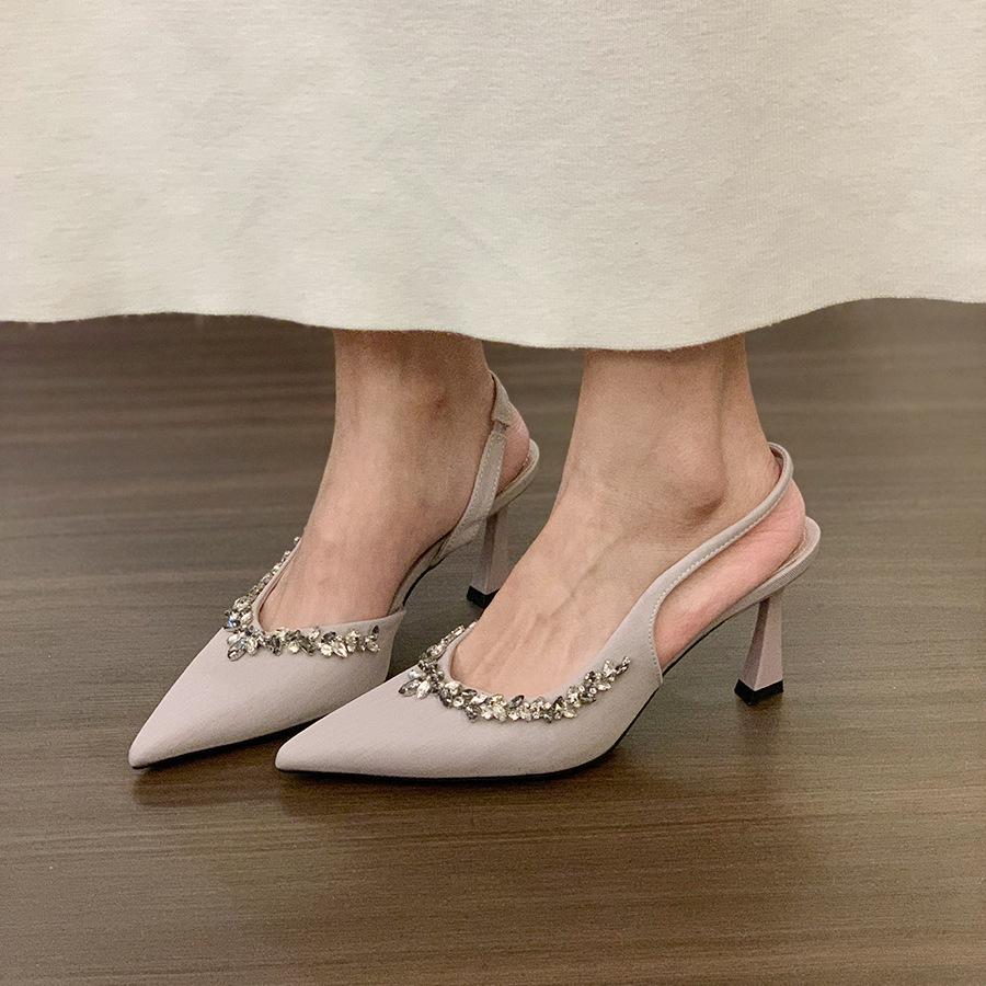 Niche Pointed High Heels Black Rhinestone Bag Head Sandals Fairy Shoes Temperament Single Shoes