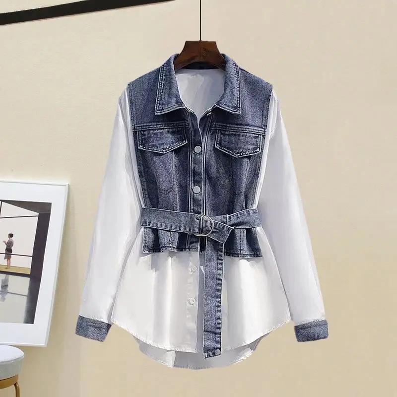 

Women Denim Shirt Spring Summer Long Sleeve Splicing Ladies Tops Fake Two Pieces Fashion Loose Lady Blouse Female Denim Top 3XL синій