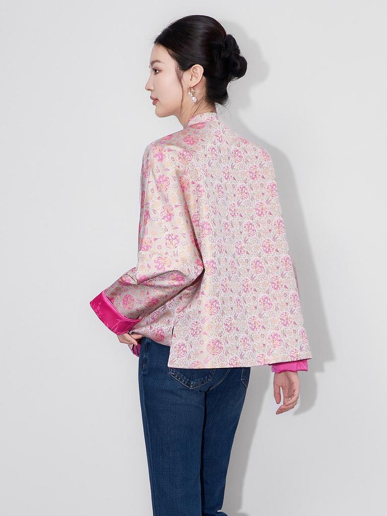 Women's Autumn Reversible Jacquard Jacket - New Chinese Style with Auspicious Dragon & Fortune Fish Design