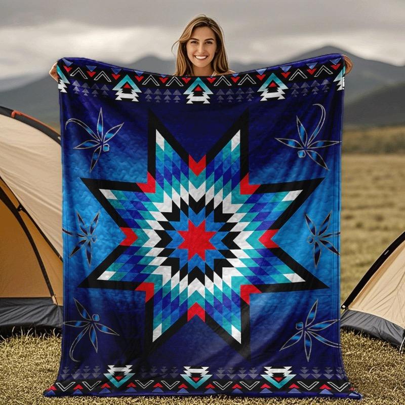 

Native American Indian Style Quilted Flannel Blanket - All-Season Southwestern Tribal Bedspread with Star & Motifs Turquoise 30x40in