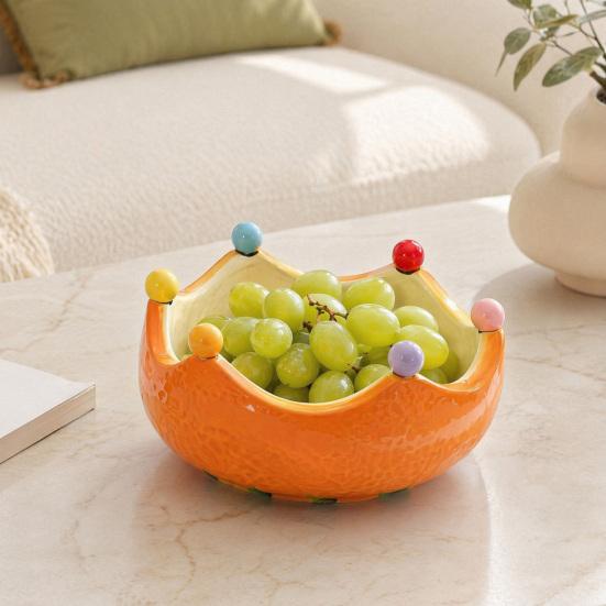 Fruit Plate with Fruit Fork, Ceramic Fruit Bowl, Orange Decorative Snack Serving Dish, for Kitchen Counter And Dining Table