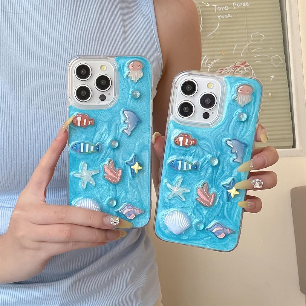 3D Ocean Theme Phone Case for iPhone 12-17 Series — Cute Dolphin, Fish, Jellyfish & Coral Design