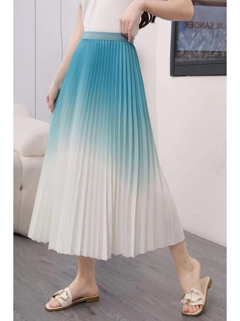 Women's Gradient Pleated Midi Skirt: Classic A-Line Slimming Design for Spring & Summer