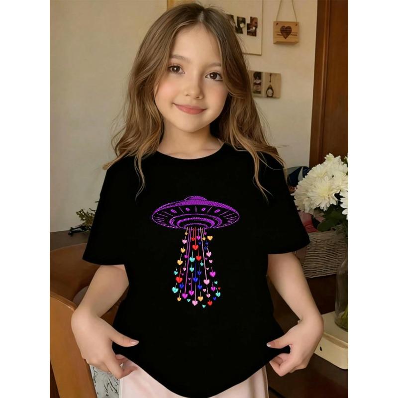 Evropské velikosti Fialové T-shirt s potiskem tajemného srdce a vesmírné lodi, Krátký rukáv, Letní T-shirt, Ležérní a Módní