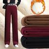 Thickened Women Sweatpants Mid Waist Straight Leg Slacks Fleece Lined Solid Color Stretchy Elastic Waist Trousers