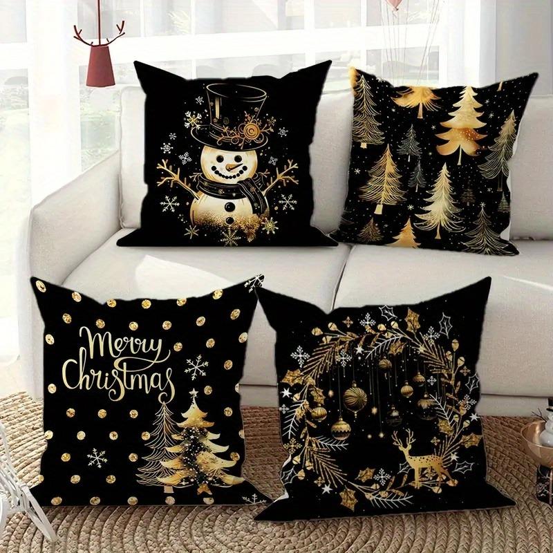 Golden Christmas Delights: Snowman, Trees, Merry Wishes & Ornament-Printed Pillowcases New Year Home Decoration