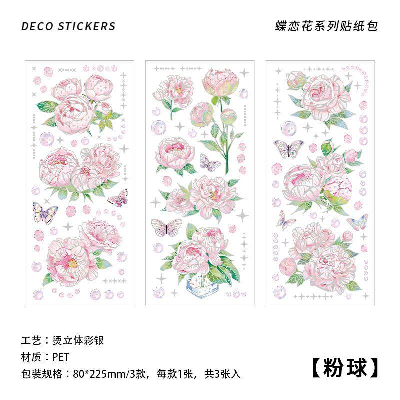 3 Pieces Large - size Flower Long - strip Stickers, Exquisite Rose & Peony Patterns, Ideal for Journal Decoration & Scrapbooking
