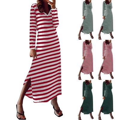 Γυναικείο Φόρεμα Με Ταμπεραμέντο V-λαιμόκοψη Δίχρωμο Ριγέ Μακρυμάνικο Σκίσιμο Άνετο Φόρεμα
