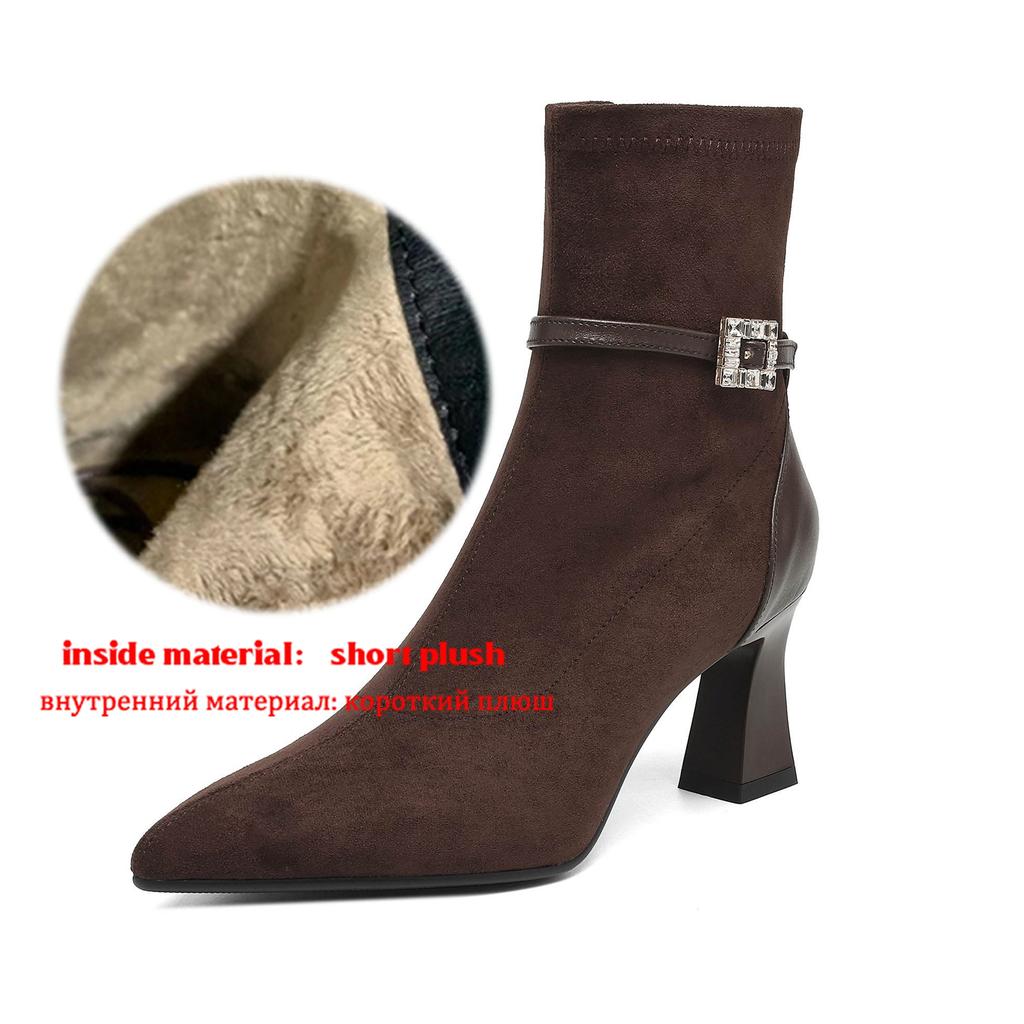 Krazing Pot Flock Pointed Toe Thin High Heels Modern Boots Size 42 Zip Plus Size Crystal Buckle Women Elastic Ankle Boots