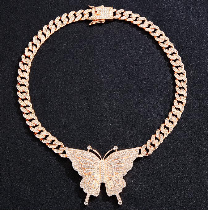 Popular Diamond Butterfly Pendant Cuban Chain Necklace - European & American Style