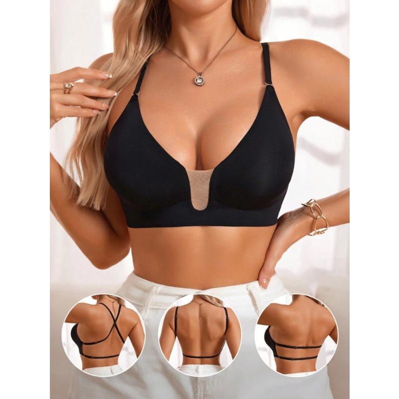 Women Deep V Seamless No Underwire Push Up Gathered Mesh Back Bra