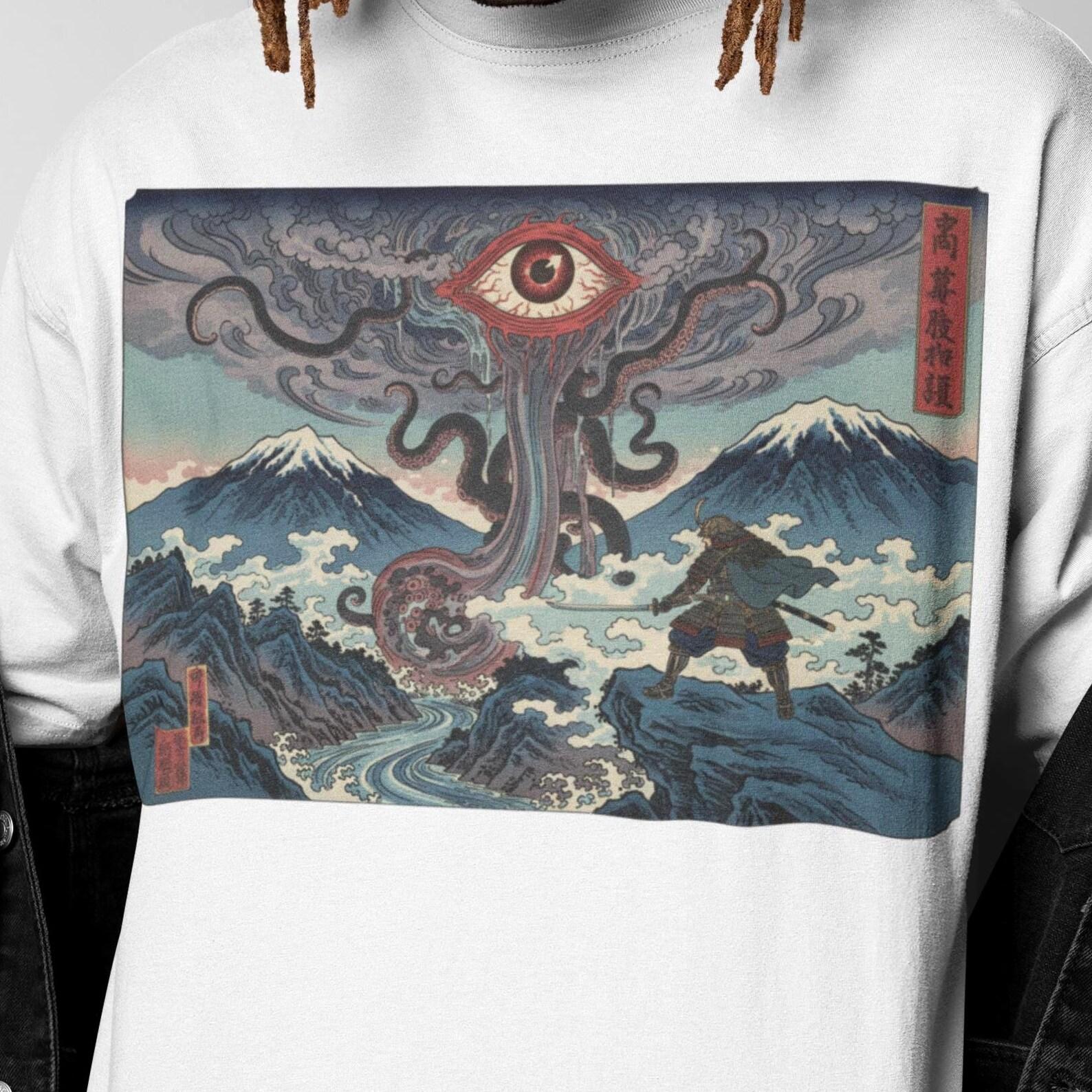 Ukiyo E Japanese Samurai Shirt | Surreal Yokai Eye Tee | Japanese Woodblock Style Art | Mythical Fantasy Graphic | Samurai Gift Present 2XL