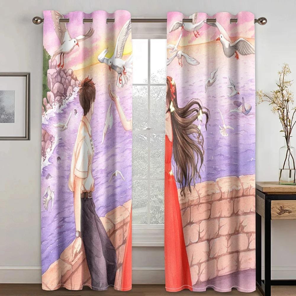 Anime Pár Potisk Vysoké Zastínění Závěs Romantika do Ložnice Hrubý Zatemňovací Závěs Estetický Styl Vzorované Závěsy Vícebarevné