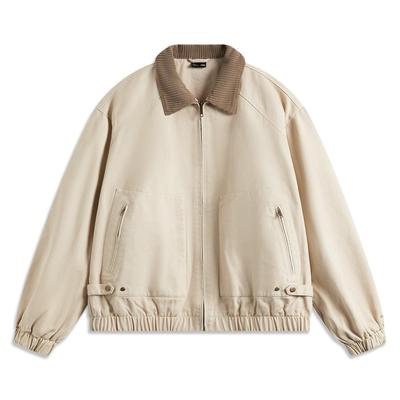 Li Ning Sportmode Serie Effen Kleur Polokraag Lange Mouw Ritssluiting Amerikaanse Vintage Casual Veelzijdige Jas Unisex Jas Mist-Kaki AJDU321-4
