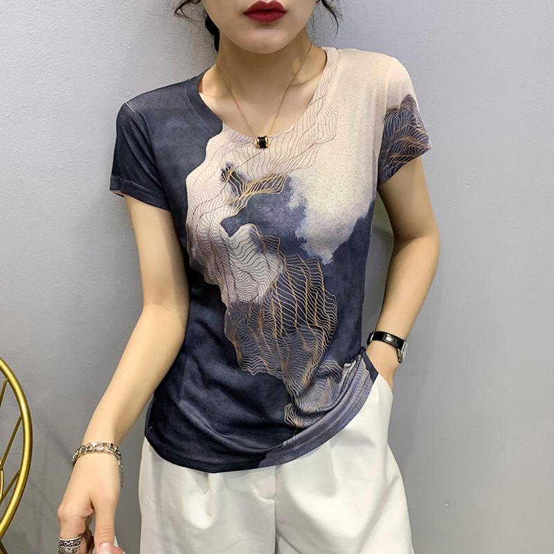 Southeast Asia Europe 2025 Summer Women's Slimming Printed Short Sleeve Top