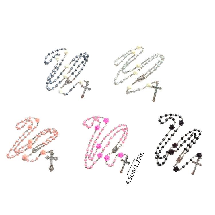 Devotional Rosary Necklace for Women, Acrylic Pearl Beads With Crosses, Fashionable Spiritual Wear