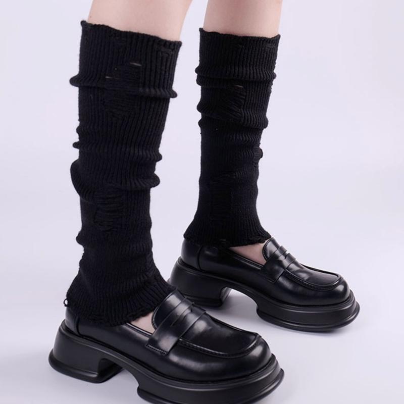 Japanese Punk Leg Warmers Women Solid Color Ribbed Knit Long Socks Y2K Distressed Ripped Boot Cuffs Leg Cover Streetwear