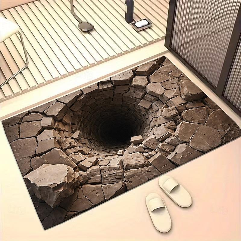 3D Optical Illusion Doormat Deep Hole with Cracked Stone Effect 2D Flat for an Impressive Entryway Statement Rug Welcome Mat