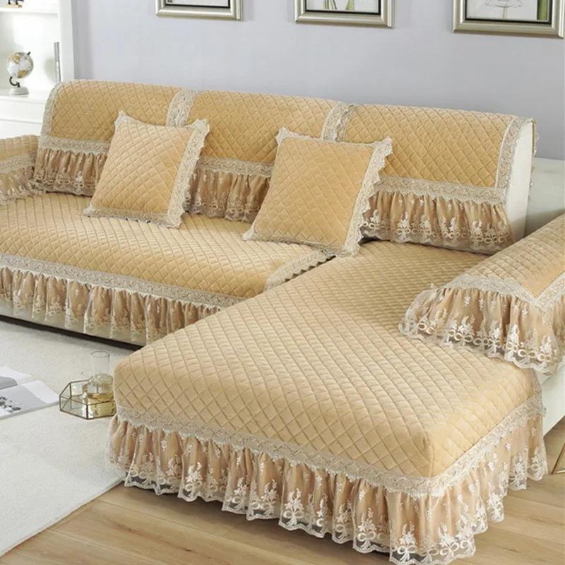 Velvet Sofa Cover Embroidery White Jacquard Lattice Towel Couch Anti-slip Armrest Backrest Sofa Coushion Living Room Seat Cover