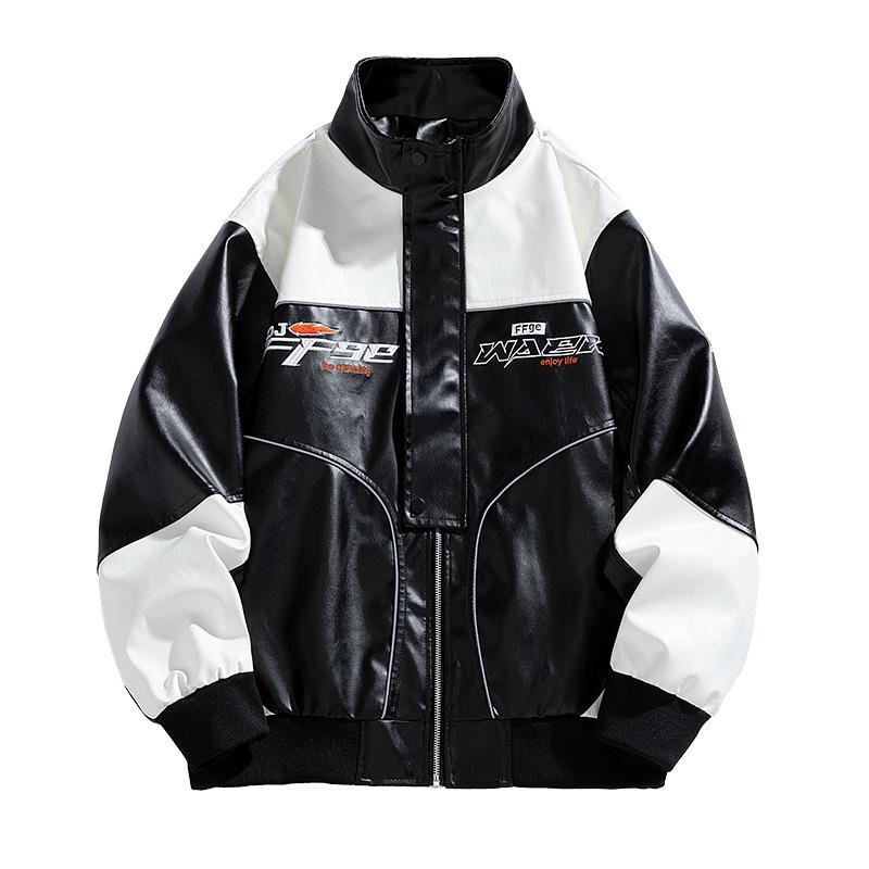 American Style PU Leather Men's Retro Motorcycle Jacket - Stand Collar, Color Block, Spring/Autumn Coat