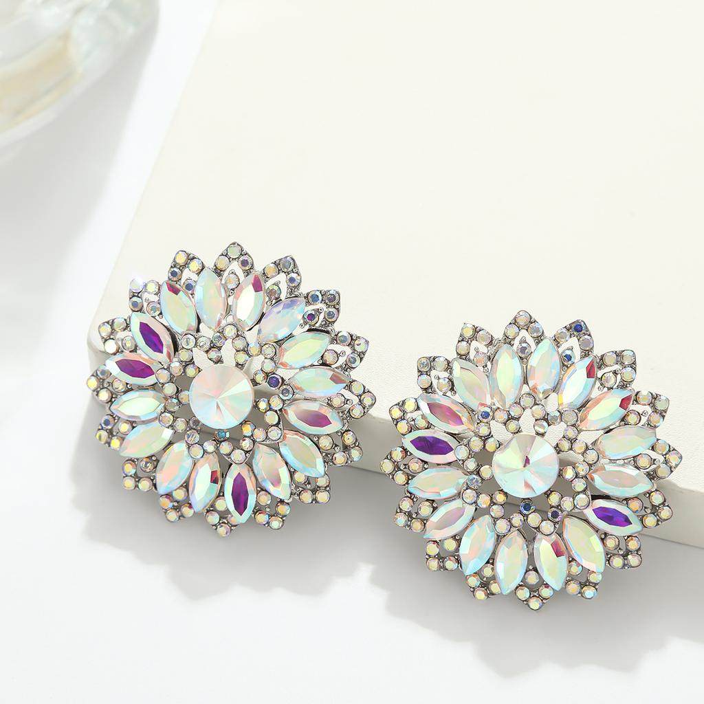 Luxury Full Rhinestone Flower Earrings For Women Exaggerated Fashionable Atmospheric Studs Temperament Versatile Commute Jewelry