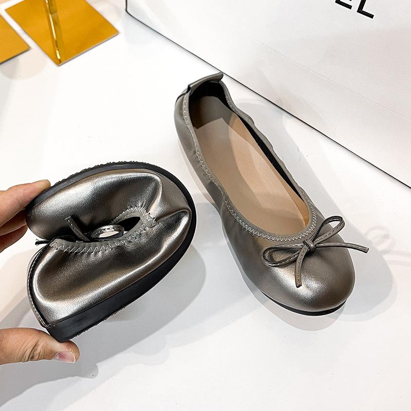 

Fashion Silver/Gold Bowtie Ballets Shoes Ladies Round Toe Roll-Up Flats Loafers Soft Bottomed Moccasines Women Cozy Slip On Ballerinas 38 сірий