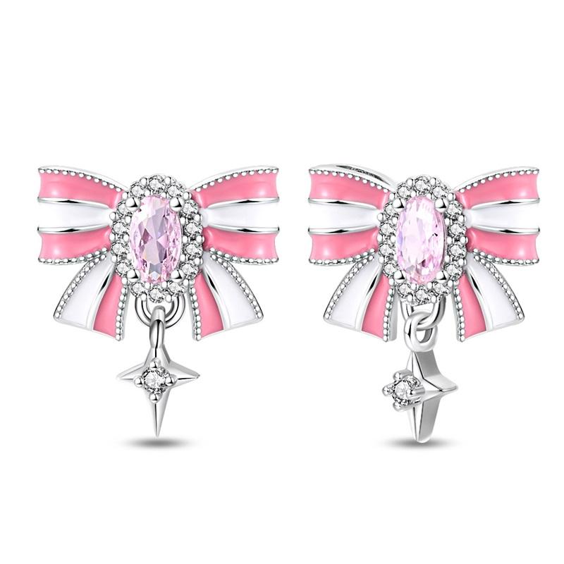 New Copper Sparkling Pink Bow Stud Earrings & Pavé Dangle Hoop Earrings For Girl Sweet Romantic Jewelry Gift