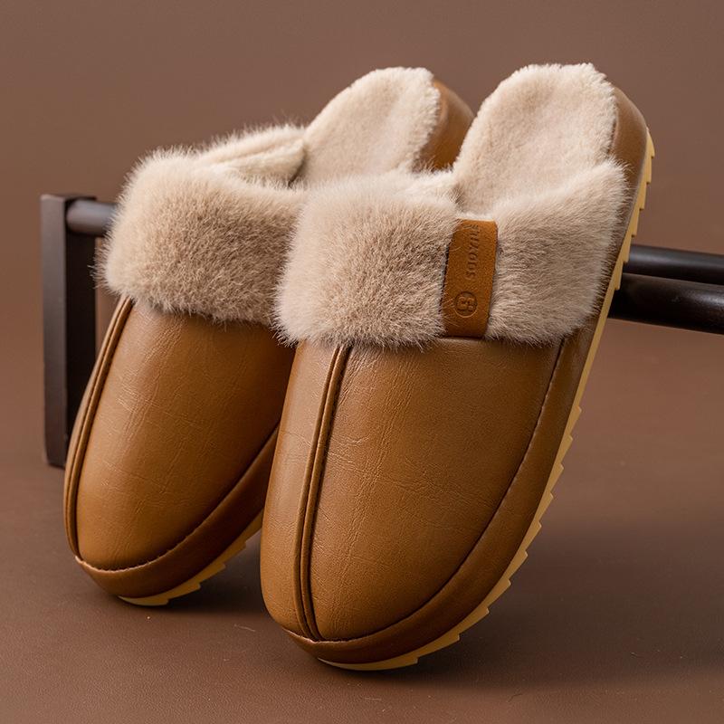 Waterproof cotton slippers autumn and winter 2025 new home warm thick bottom PU leather surface antibacterial cotton slippers