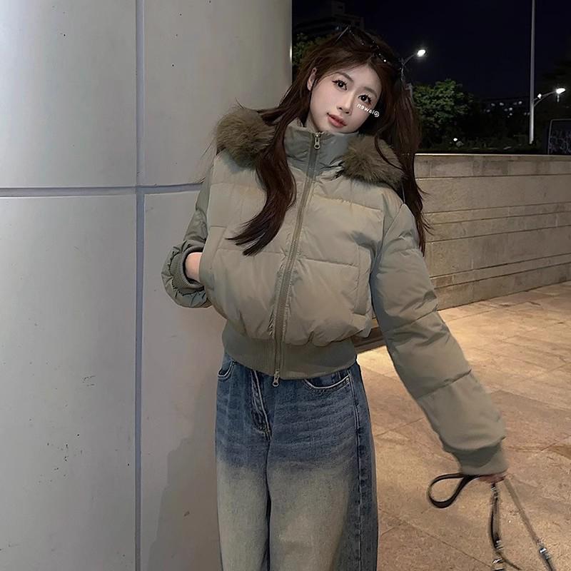 Women's Winter Retro Navy Blue Hooded Cotton-Padded Jacket - Thick & Warm Design