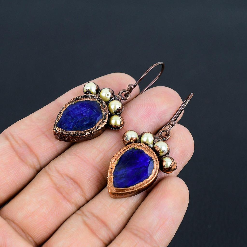 Sapphire Copper Electroformed Earrings, Handmade Gemstone Earrings Jewelry, Gifts For Wife Brand New Earrings
