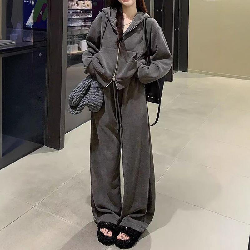 Women Casual Loose Korean Style Hooded Sweatshirt Long Pants Two Piece Sports Set