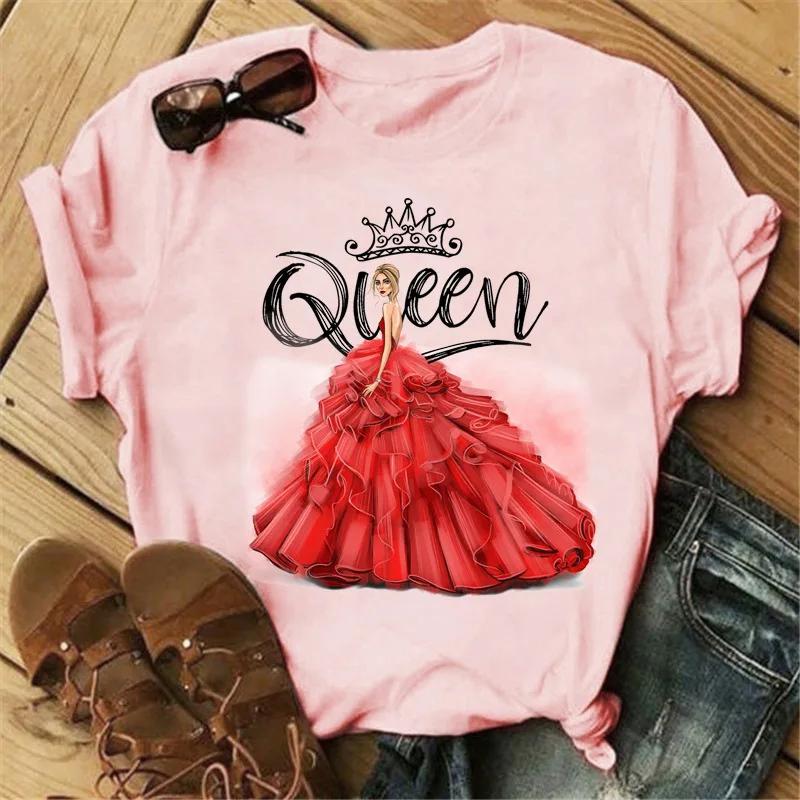 Pink Crown Queen Print Women T Shirt Short Sleeve O Neck Loose Women Tshirt Ladies Tee Shirt Tops Clothes Camisetas Mujer