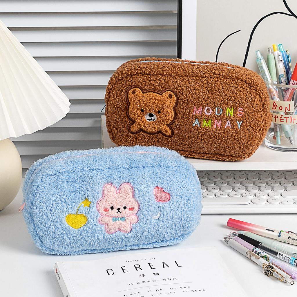 Cute Stationery Bag Desktop Storage Large Capacity Pencil Case Bear Rabbit Printed Pen Pouch for Student Girls Makeup Bags Gift