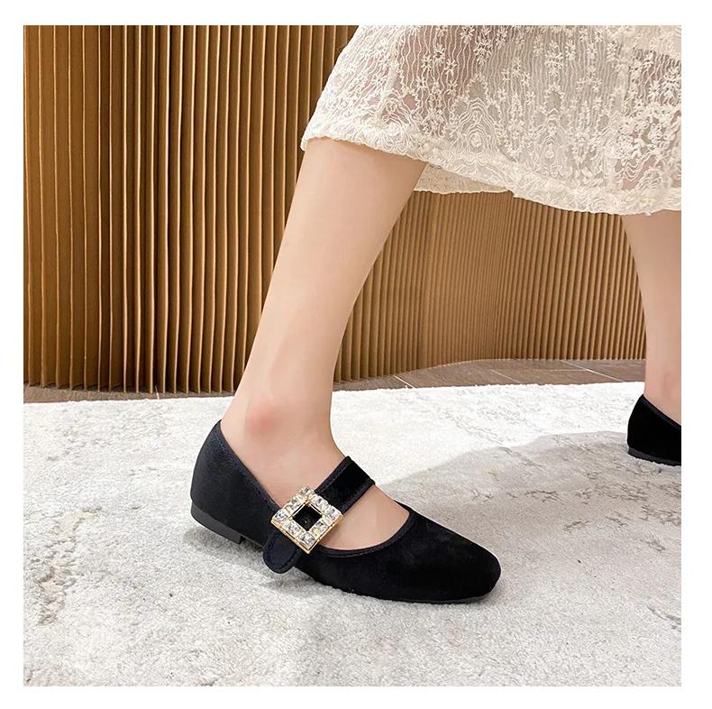 New Women Flat Shoes Girl Crystal Velvet Mary Jane Shoes Sweet Comfortable Slip-on Loafers Big Size 35-43