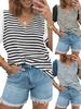 Women's Striped Color Block V Neck T Shirt Puff Sleeve Oversized Casual Top