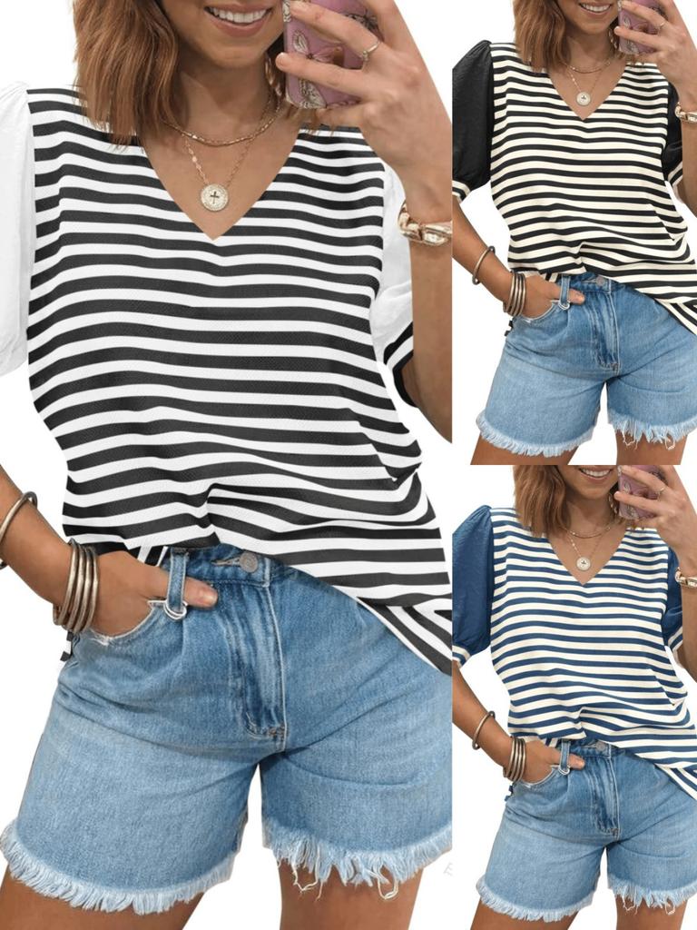 Women's Striped Color Block V Neck T Shirt Puff Sleeve Oversized Casual Top