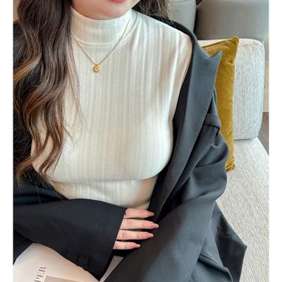 Women's Autumn and Winter Brushed Plus Velvet Semi-turtle Collar Long-sleeved Bottoming Shirt with Mid-collar German Velvet Inside and Be Worn Outside