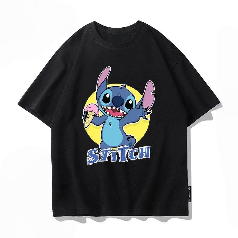 Summer Casual Stitch Fun Print Cotton Comfortable Black T-shirt Adults Children Parent Child Couple Fashion Loose Sportswear