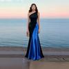 Contrast Color Slanted Shoulder Satin Fishtail, Banquet Light Luxury Long Dress, Dinner Party Red Carpet High-end Evening Wear