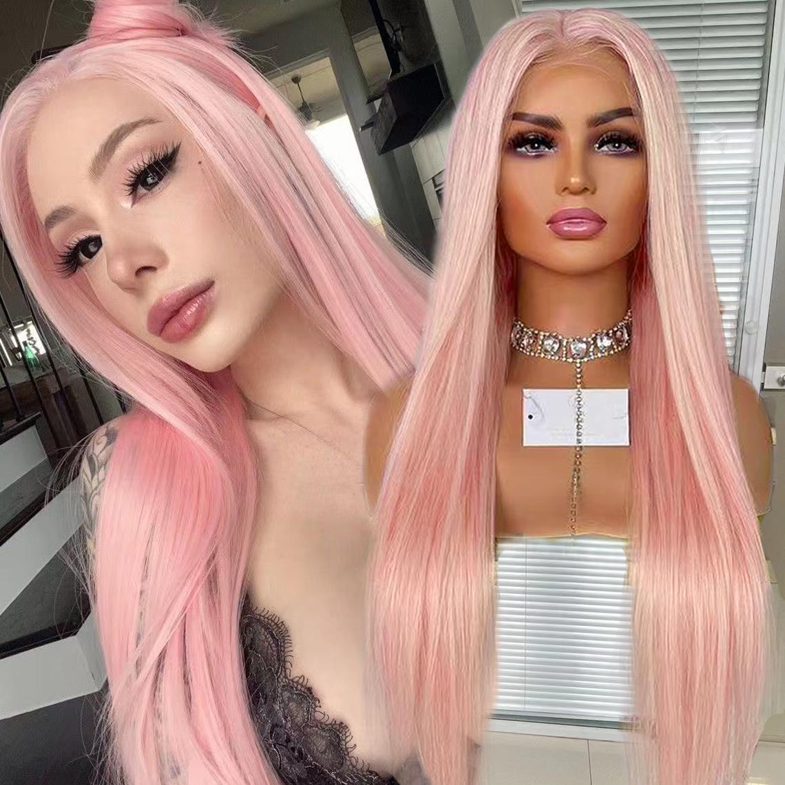 

AIMEYA Platinum Blonde Long Straight Wig 13X4 Synthetic Hair Lace Front Wigs Heat Resistant Wig Silky Straight Blonde Hair (Light Pink,18inches&Lace Front)