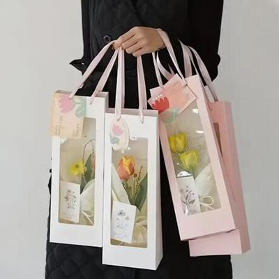 10 Stück Papier Transparente Blumenverpackungsbeutel Weiß Rosa Einzelrosenstrauß Fensterbox für Muttertag Valentinstag Hochzeiten