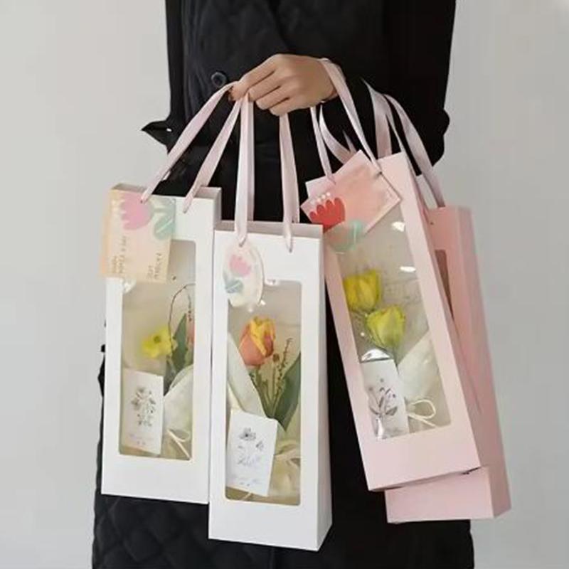10Pcs Paper Transparent Flower Packaging Bags White Pink Single Rose Bouquet Window Box for Mothers Day Valentines Day Weddings