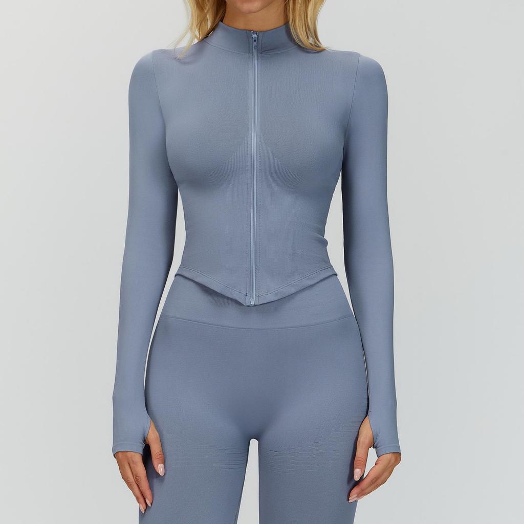 "Damska szybkoschnąca kurtka do jogi z długim rękawem zapinana na zamek, ze stójką 7725 - Krój europejski i amerykański, Top sportowy do fitnessu na zewnątrz"