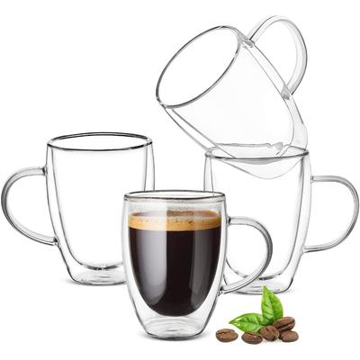 2 ks Dvoustěnné kávové šálky Sklenice Hrnky 12oz Espresso Cappuccino Latte Čajové šálky s uchem Žáruvzdorné sklo