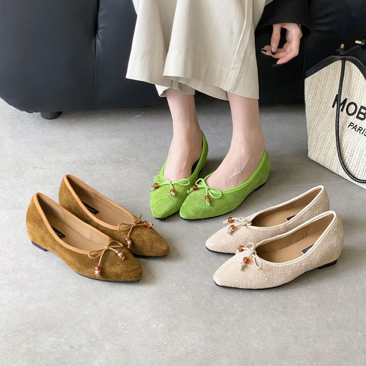 

2025 new round head bow shallow mouth inner slope heel matte cowhide commuter work women s shoes 40 зелёный