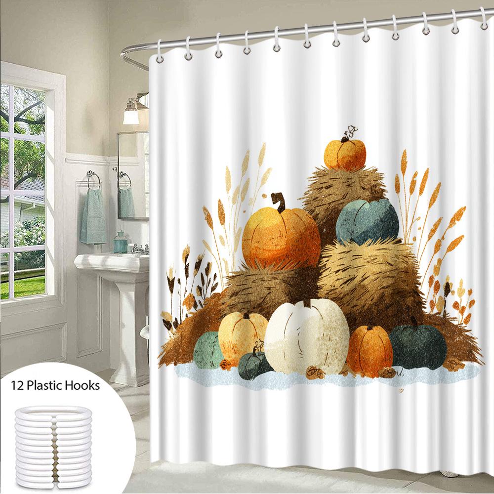 1pc Autumn Pumpkin Bath Curtain with Hay Bales Fall Harvest Theme Bathroom Decor Polyester Fabric Shower Hanging Curtain